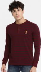 U S Polo Assn Maroon Striped Mandarin Collar T Shirt men