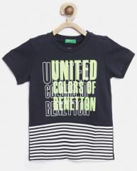 United Colors of Benetton Boys Navy Blue & White Printed Round Neck T shirt