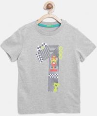 United Colors Of Benetton Grey Melange Printed Round Neck T Shirt boys