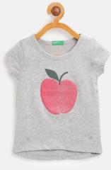 United Colors Of Benetton Grey Melange Printed Round Neck T Shirt girls