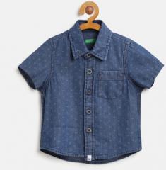 United Colors Of Benetton Navy Blue Printed Denim Shirt boys