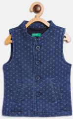 United Colors Of Benetton Navy Blue Woven Design Denim Nehru Jacket boys