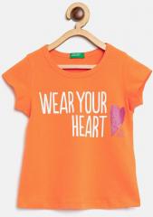 United Colors Of Benetton Orange Printed Round Neck T Shirt girls