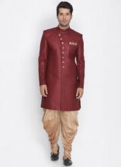 Vastramay Maroon & Gold Toned Sherwani Set men