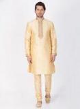 VASTRAMAY Men Beige Woven Design Straight Kurta