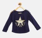 VITAMINS Girls Navy Blue Printed Top With Cut Out Detail