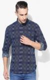 Voi Navy Blue Checked Slim Fit Casual Shirt Men