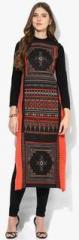 W Black Printed Cotton Polyester Kurta women