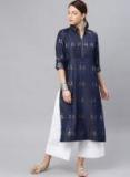 W Navy Blue Printed A Line Kurta