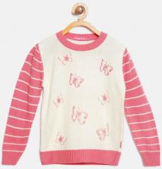 Wingsfield Cream Coloured & Pink Printed Pullover With Sequinned Detail girls