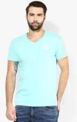 Wrangler Aqua Blue Solid V Neck T Shirt men