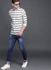 Wrogn Grey & White Slim Fit Striped Casual Shirt men