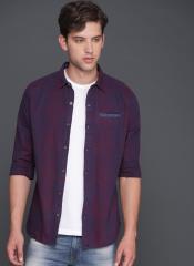 Wrogn Navy Blue & Red Slim Fit Checked Casual Shirt men