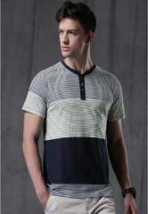 Wrogn Navy Blue Striped Henley T Shirt men