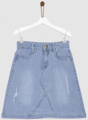 Yk Blue Denim Low Distress A line Skirt girls