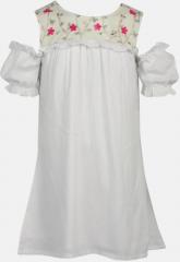 YK Girls White Self Design A Line Dress