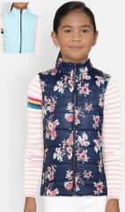 Yk Navy Blue Printed Reversible Puffer Jacket girls