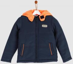 Yk Navy Blue Solid Hooded Jacket boys