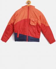 Yk Orange & Red Colourblocked Hooded Padded Jacket boys