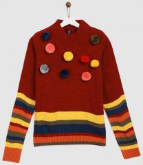 Yk Red & Multicoloured Colourblocked Pom Pom Pullover girls