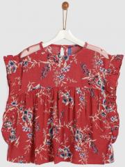 Yk Red Printed Peplum Top girls