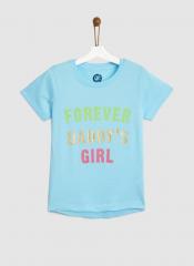 Yk Turquoise Blue Printed Round Neck T shirt girls