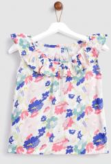 Yk White & Blue Floral Print A Line Top girls