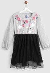 Yk Black & Grey Melange Printed Net Fit & Flare Dress girls