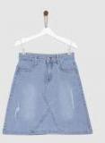 Yk Blue Denim Low Distress A Line Skirt Girls