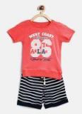 Yk Coral Red & Navy Printed T Shirt With Shorts Boys