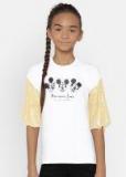 Yk Disney White & Yellow Colourblocked Printed Top Girls