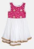 YK Girls White & Pink Embellished Net Fit & Flare Dress