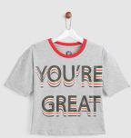 Yk Grey Melange Printed Boxy Fit Round Neck T Shirt Girls