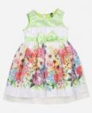 Yk Lime Green & White Printed A Line Dress Girls