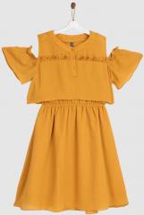 Yk Mustard Yellow Solid Fit and Flare Dress girls