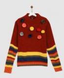 Yk Red & Multicoloured Colourblocked Pom Pom Pullover Girls