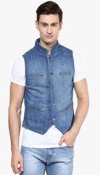 Zess Blue Washed Denim Waistcoat Men