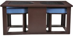 Purple Heart Attractive Coffee Table with Blue Cushioned Stools