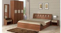 Spacewood Kosmo Lotus Queen Size Bed with Hydraulic Storage in Rigato Walnut & Beige Colour