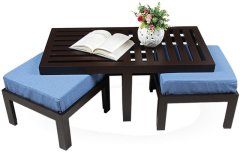 Purple Heart Trendy Coffee Table with Two Blue Cushioned Stools