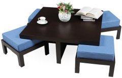 Purple Heart Trendy Coffee Table with Four Blue Cushioned Stools