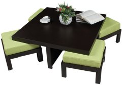 Purple Heart Trendy Coffee Table with Four Green Cushioned Stools