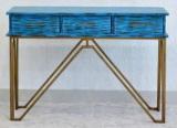 Anantwoodcraft Solid Mango Wood 3 Drawer Lamino Console Hall Table Rustic Distressed Blue Finish With Iron Frame In Golden Finish Solid Wood Console Table