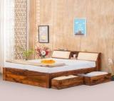 Devki Interiors Aura Queen Size Bed With Storage Headboard & 2 Side Drawers Double Wooden Bed Solid Wood Queen Box, Drawer Bed