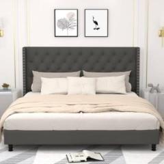 Douceur Furnitures Fabric Queen Size Bed With Diamond Line Headboard Without Storage For Bedroom Engineered Wood Queen Bed