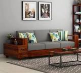 Douceur Furnitures Solid Sheesham Wood 3 Seater With Storage Sofa For Living, Waiting Room / Office Fabric 3 Seater Sofa