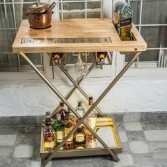 Haus Of Bars Model J Portable and Foldable Bar Table in Matte Gold Finish with Wooden Top Metal Bar Trolley