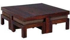 House Of Furniture Wooden Square Coffee Table Set In Walnut Finish