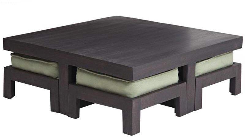 House of Furniture Wooden Square Coffee Table with Four Stools in Purple Finish