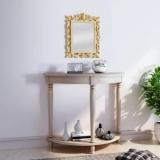 House Of Pataudi Hand Crafted Wooden Yellow Mirror Frame With Off White Console Table For Living/Hallway Room Solid Wood Side Table